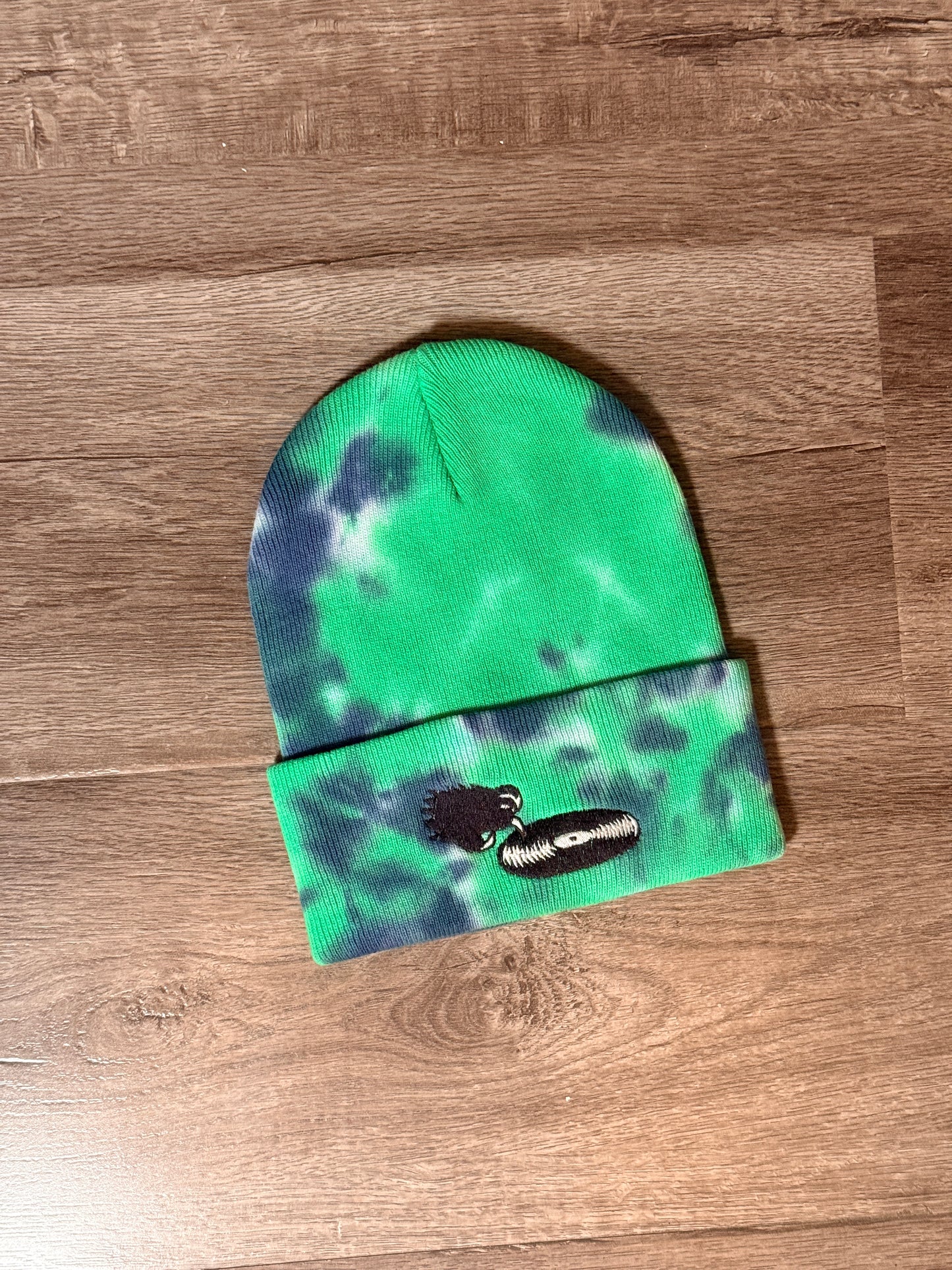 Deep green blue tie-dye WLDCT x Luke Thomas record scratch Embroidery Beanie