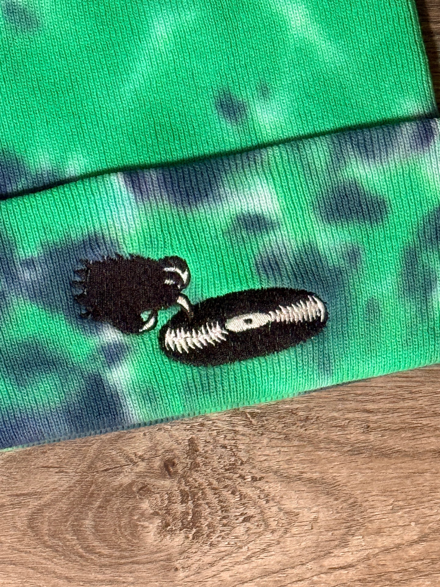Deep green blue tie-dye WLDCT x Luke Thomas record scratch Embroidery Beanie