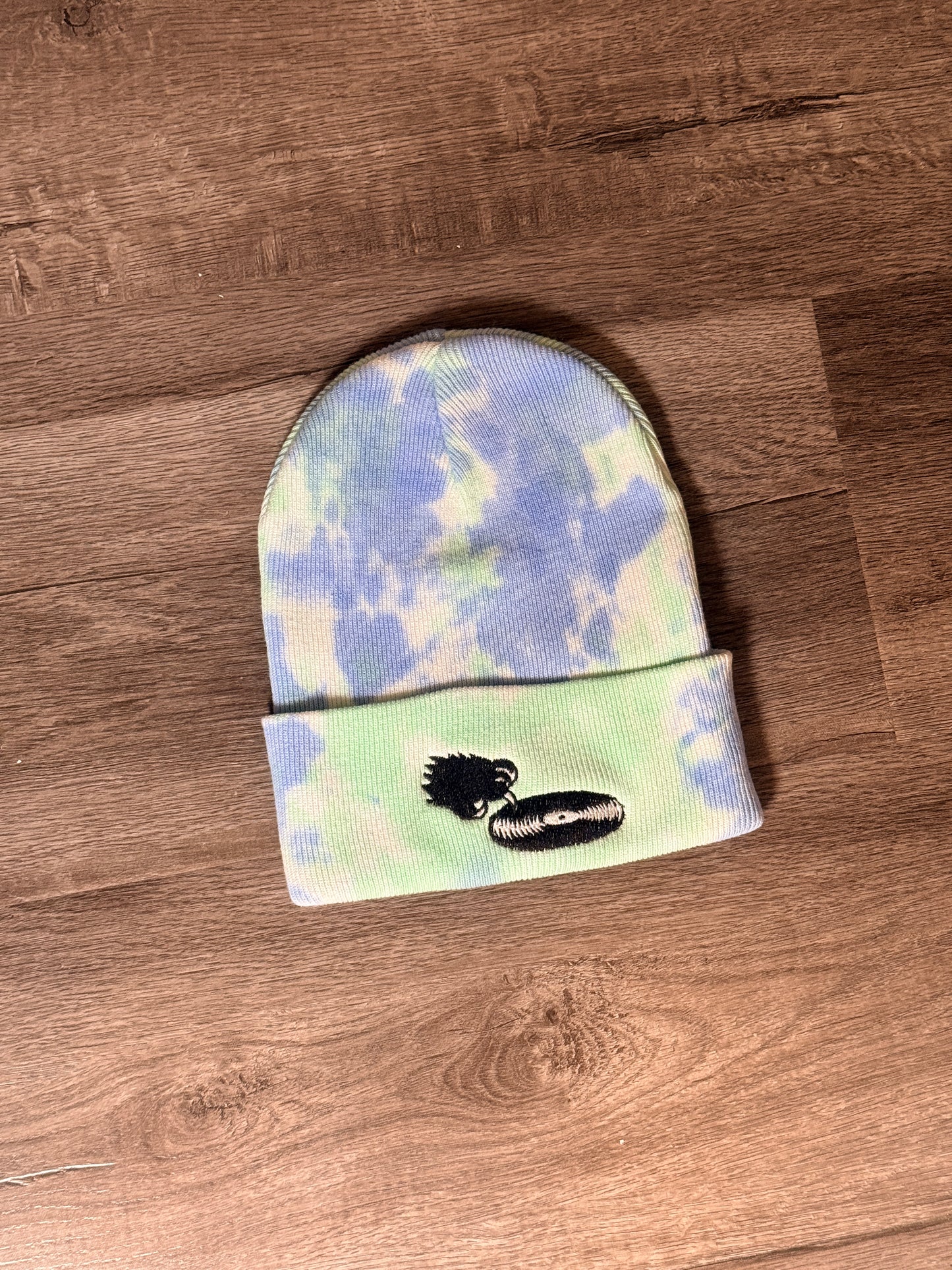 Light blue green pastel tie-dye WLDCT x Luke Thomas record scratch Embroidery Beanie