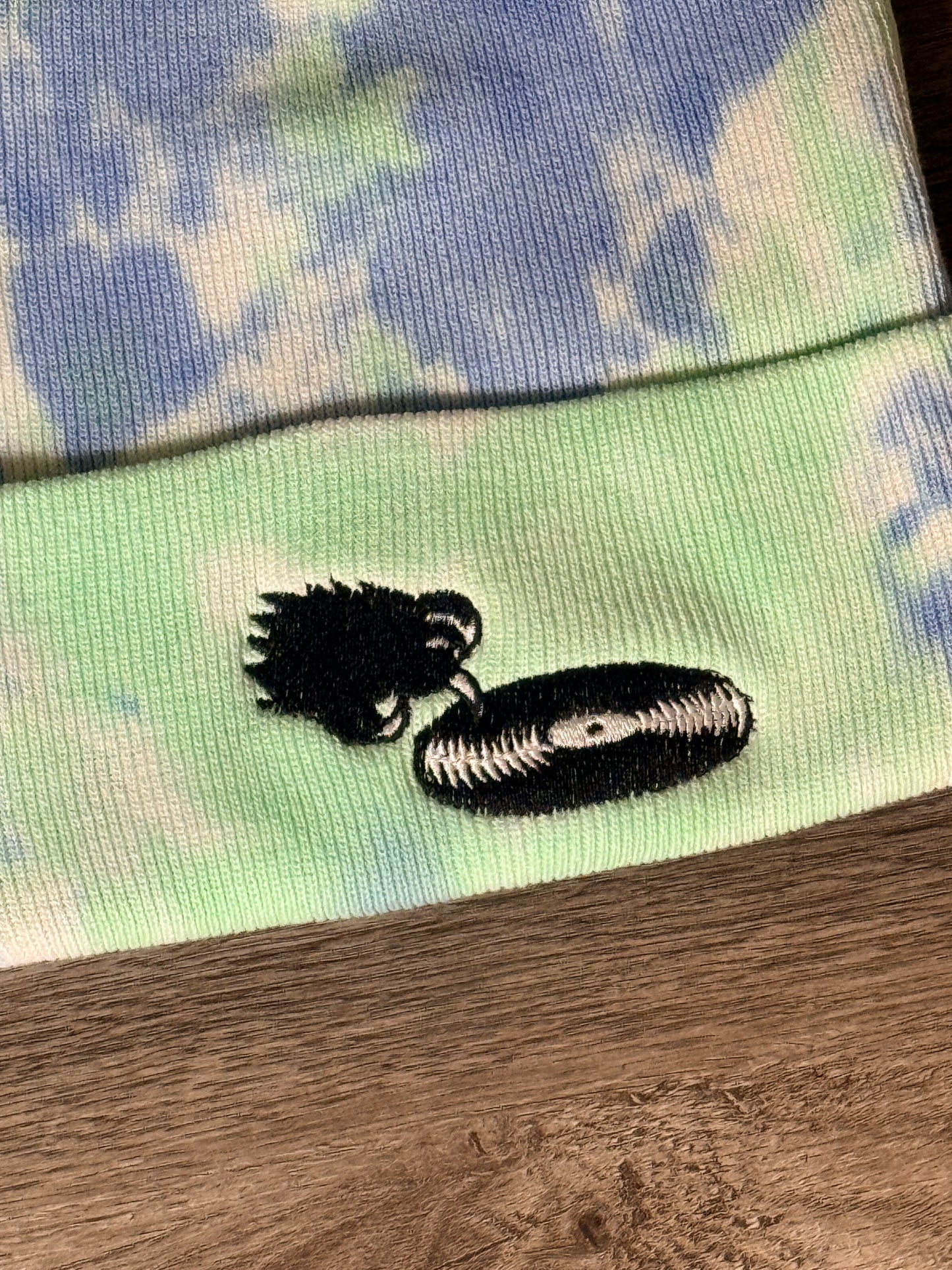Light blue green pastel tie-dye WLDCT x Luke Thomas record scratch Embroidery Beanie