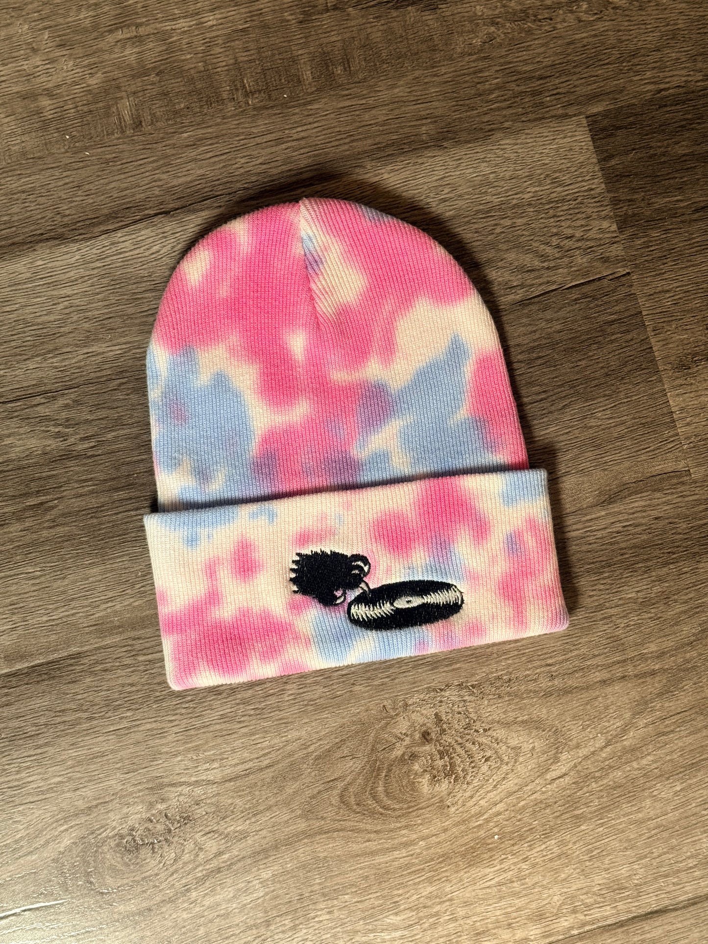 Pink pastel tie-dye WLDCT x Luke Thomas record scratch Embroidery Beanie