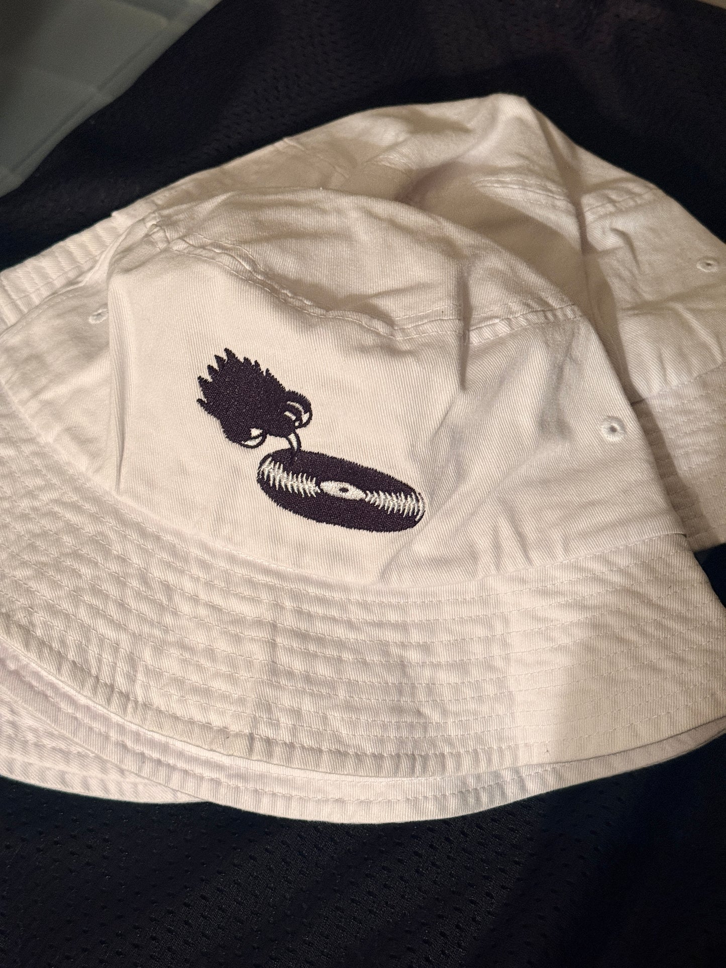 White Record Scratch Embroidered Bucket Hat