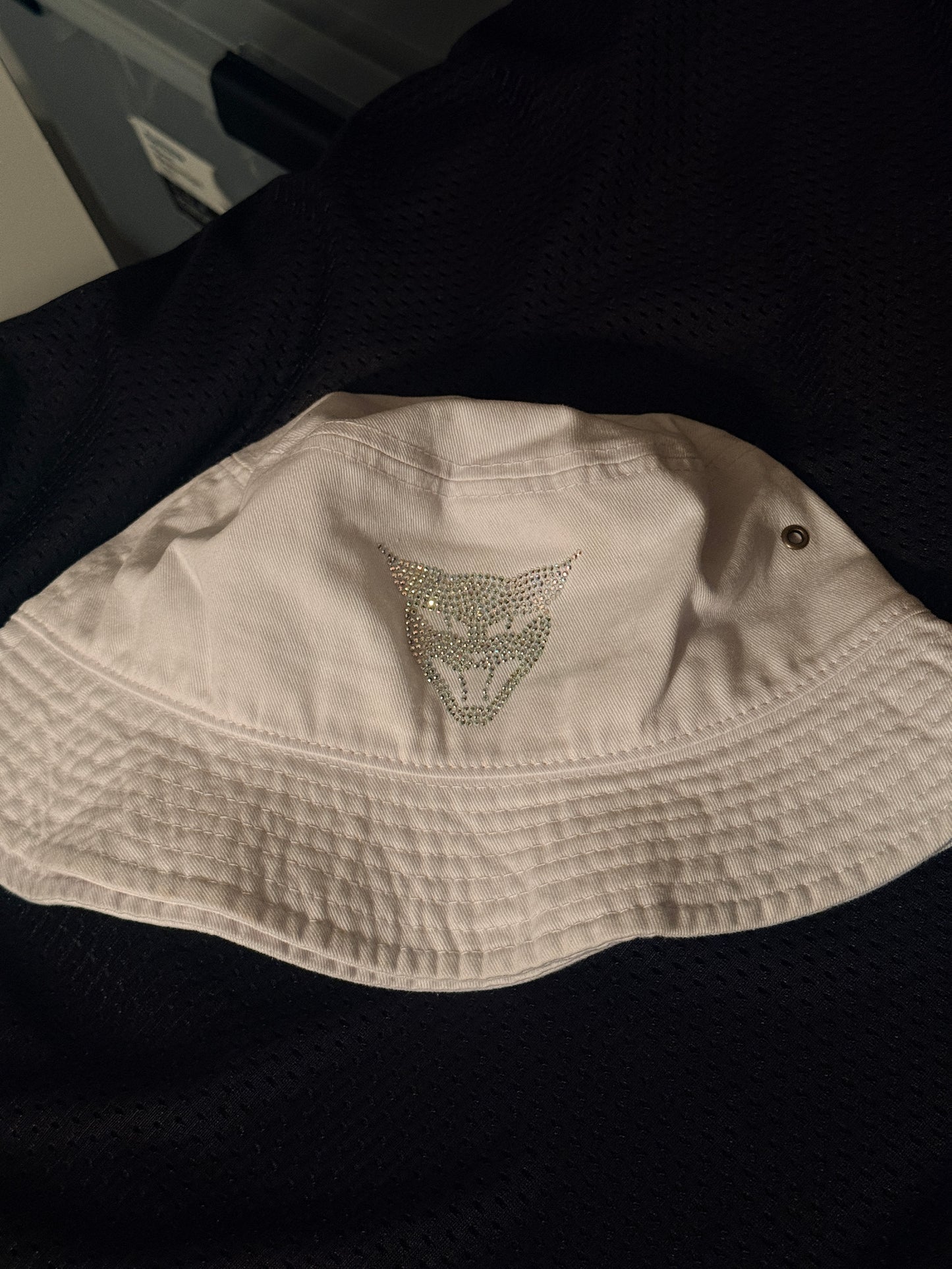 White y2k bedazzle rainbow gem cat head bucket hat