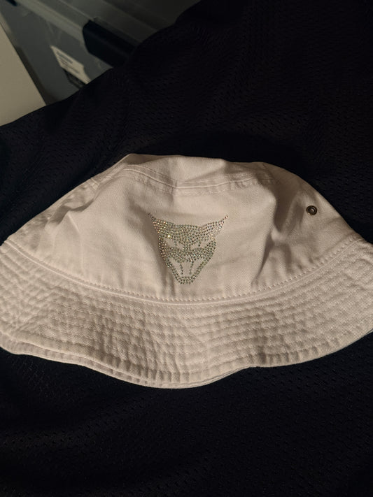 White y2k bedazzle rainbow gem cat head bucket hat