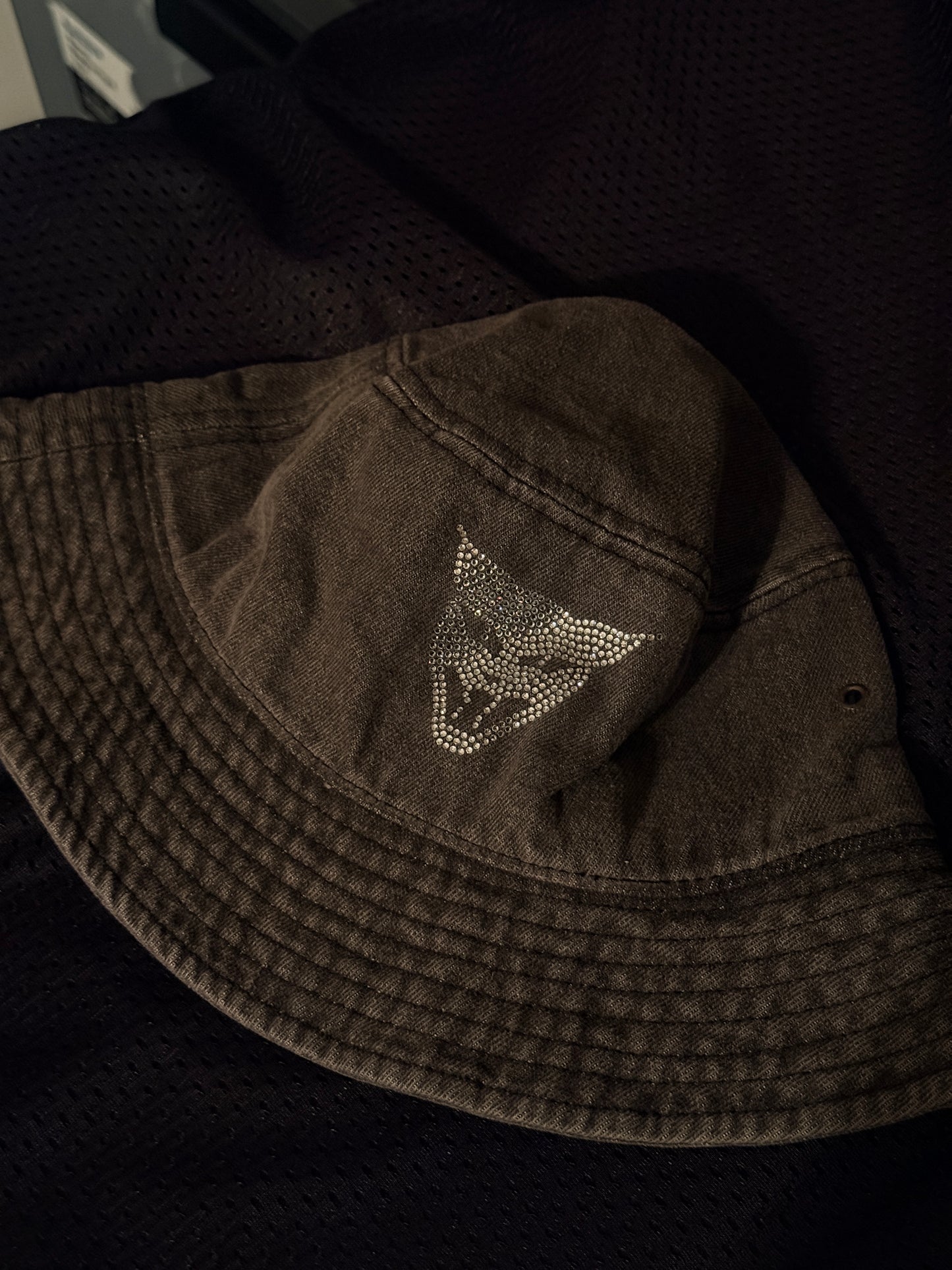 Faded vintage black y2k bedazzle clear gem cat head bucket hat