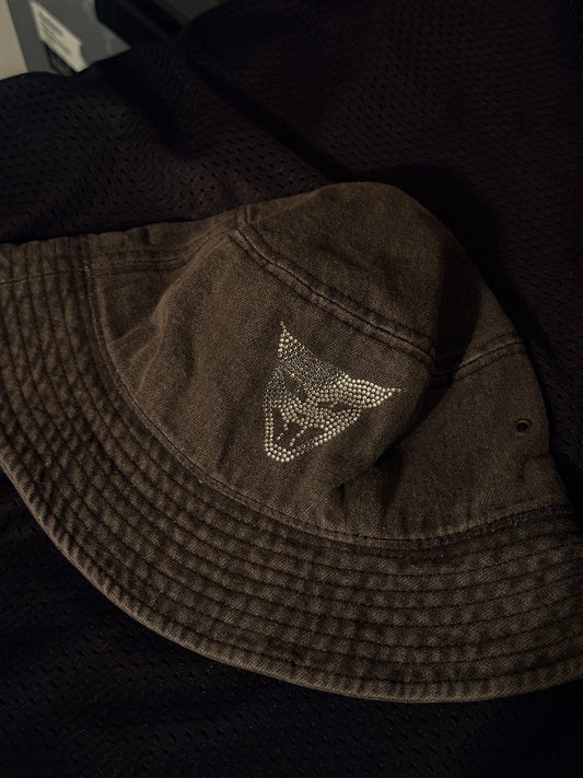 Faded vintage black y2k bedazzle clear gem cat head bucket hat