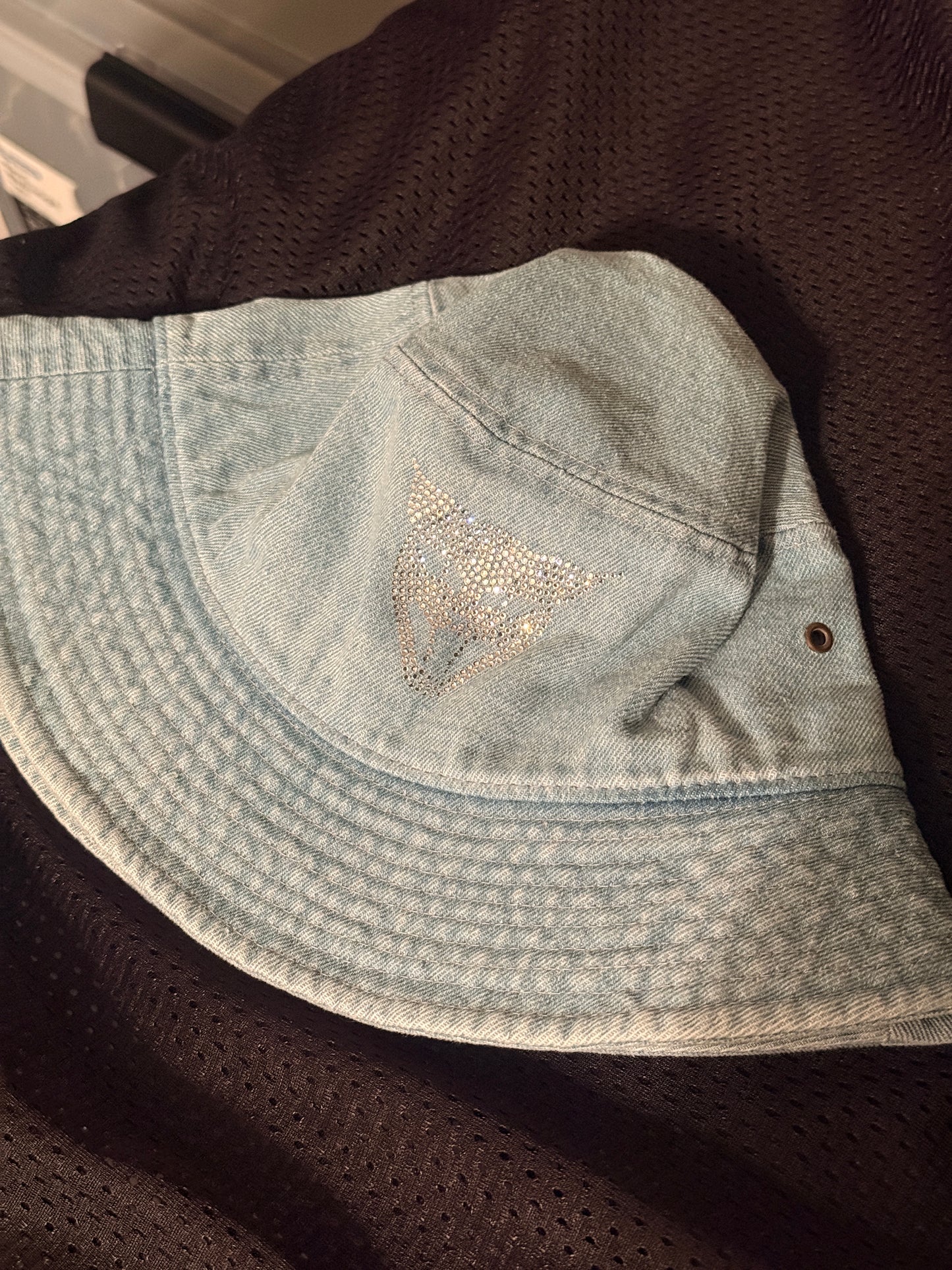 Faded light blue denim y2k bedazzle clear gem cat head bucket hat