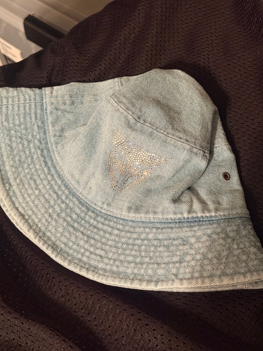 Faded light blue denim y2k bedazzle clear gem cat head bucket hat