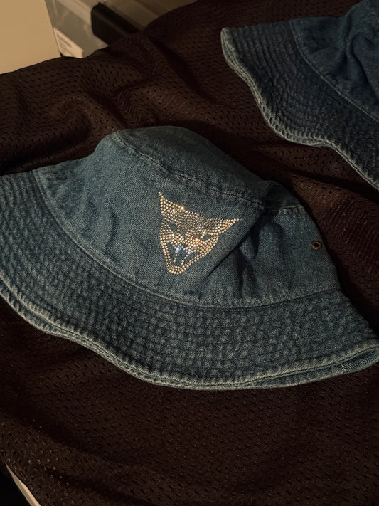 blue denim y2k bedazzle clear gem cat head bucket hat