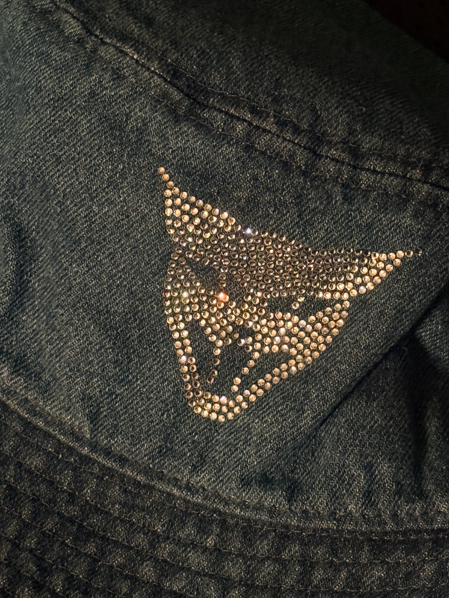 blue denim y2k bedazzle clear gem cat head bucket hat