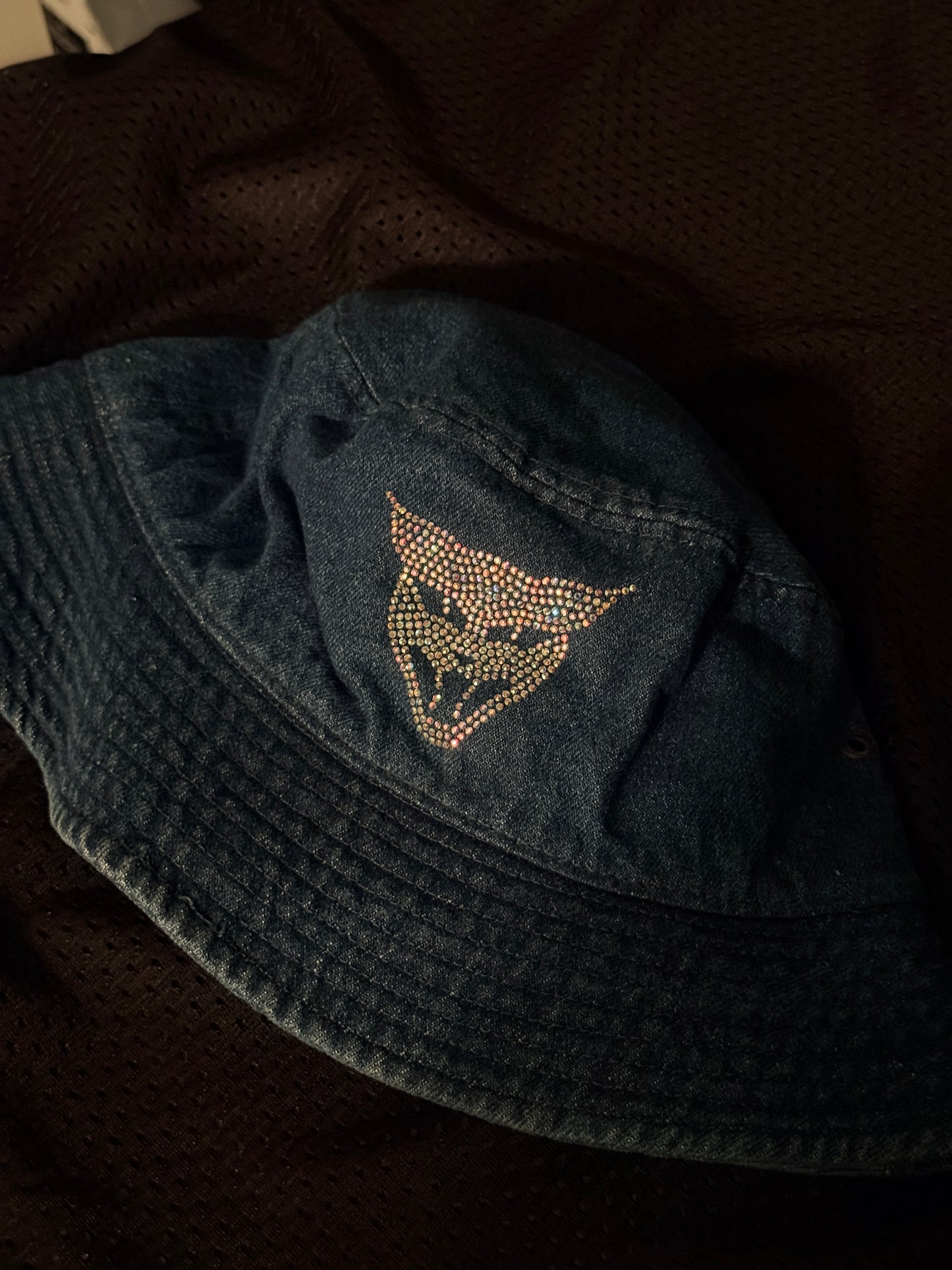 blue denim y2k bedazzle rainbow gem cat head bucket hat