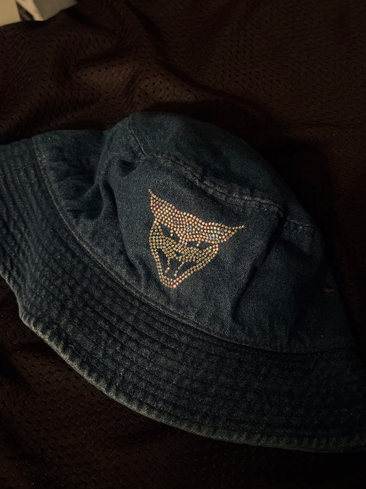 blue denim y2k bedazzle rainbow gem cat head bucket hat