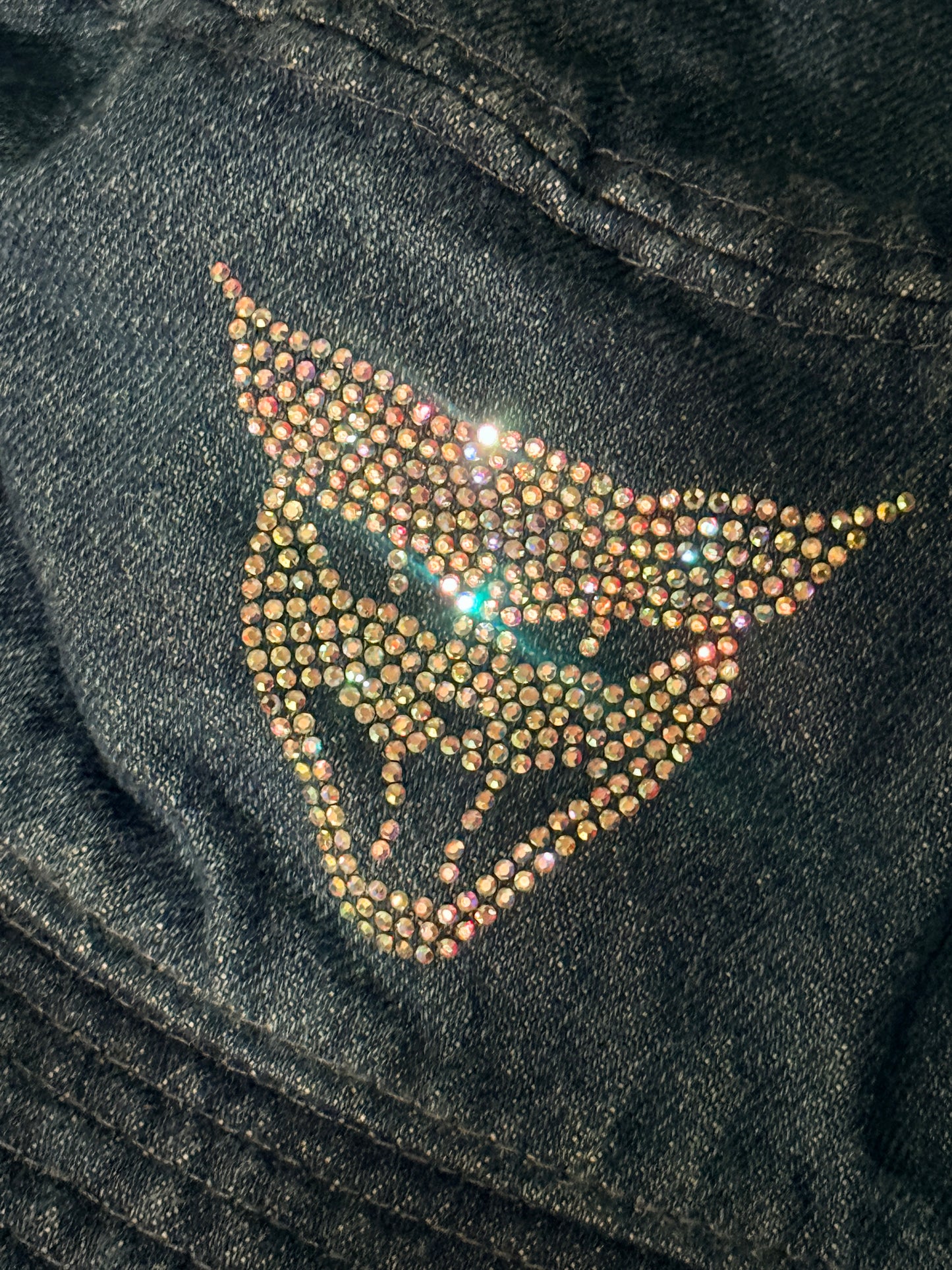 blue denim y2k bedazzle rainbow gem cat head bucket hat