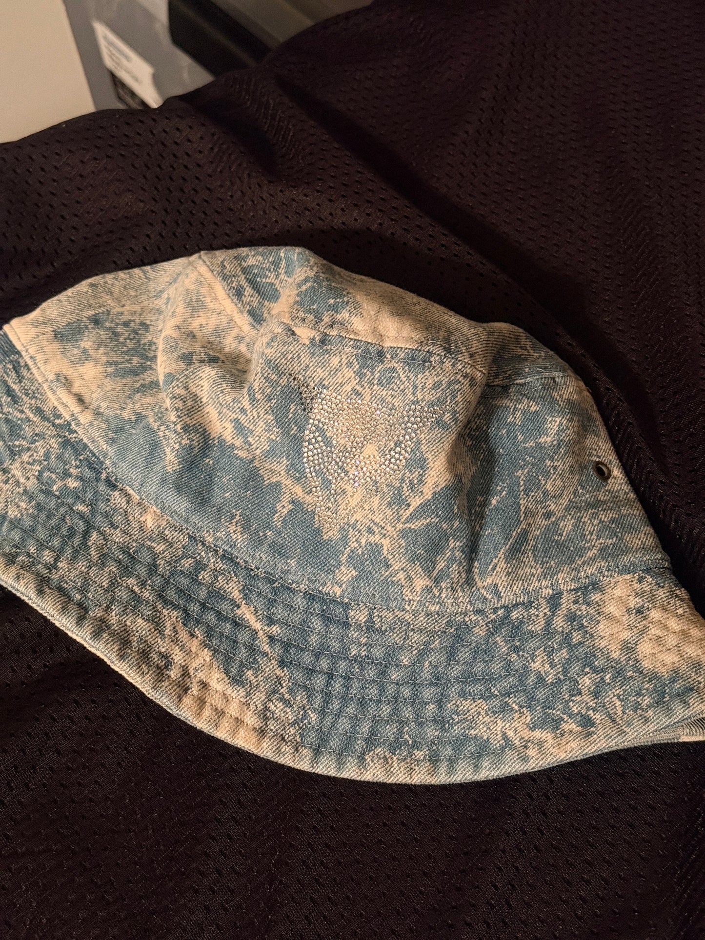 Acid wash light blue denim y2k bedazzle clear gem cat head bucket hat