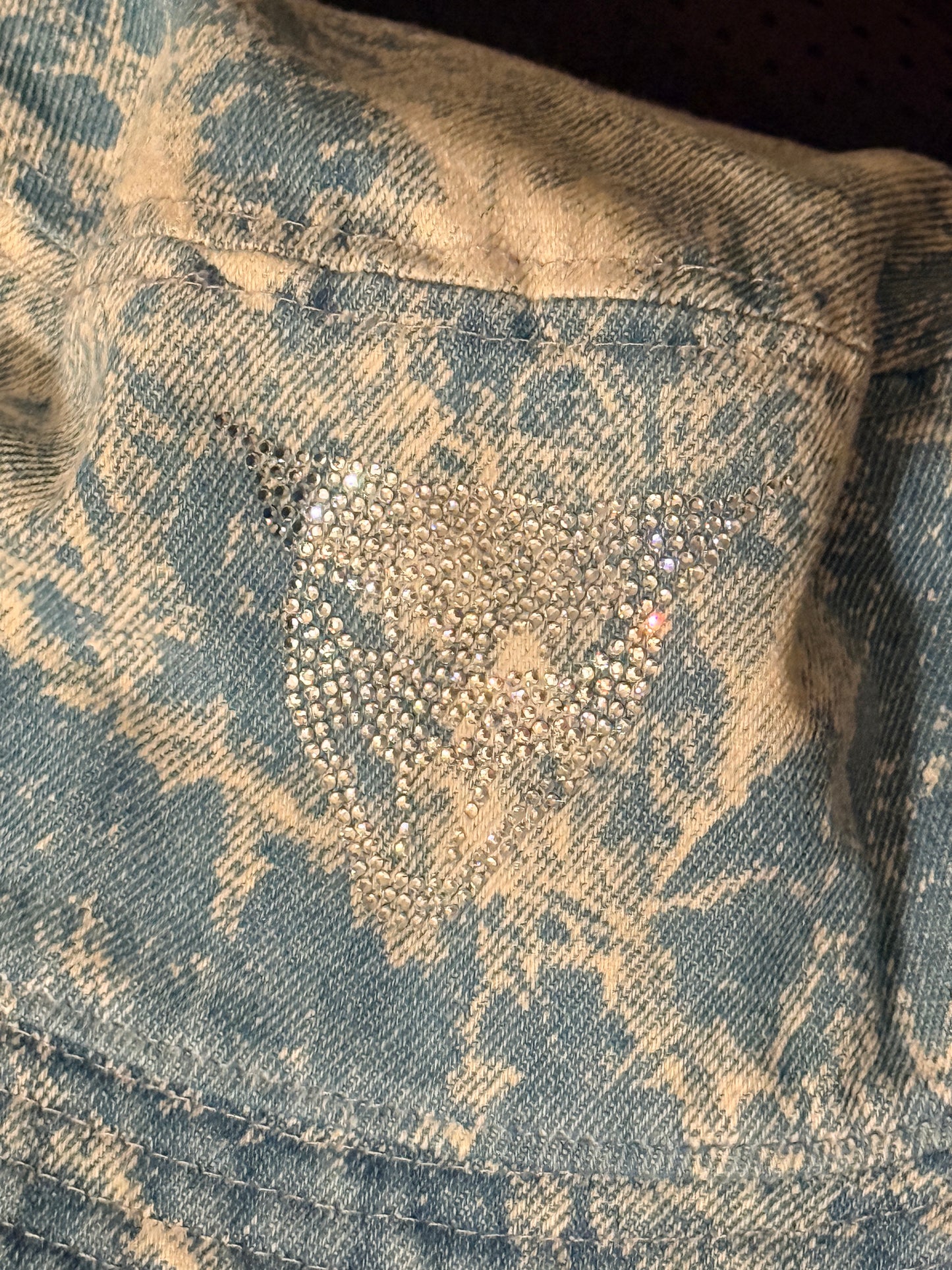 Acid wash light blue denim y2k bedazzle clear gem cat head bucket hat