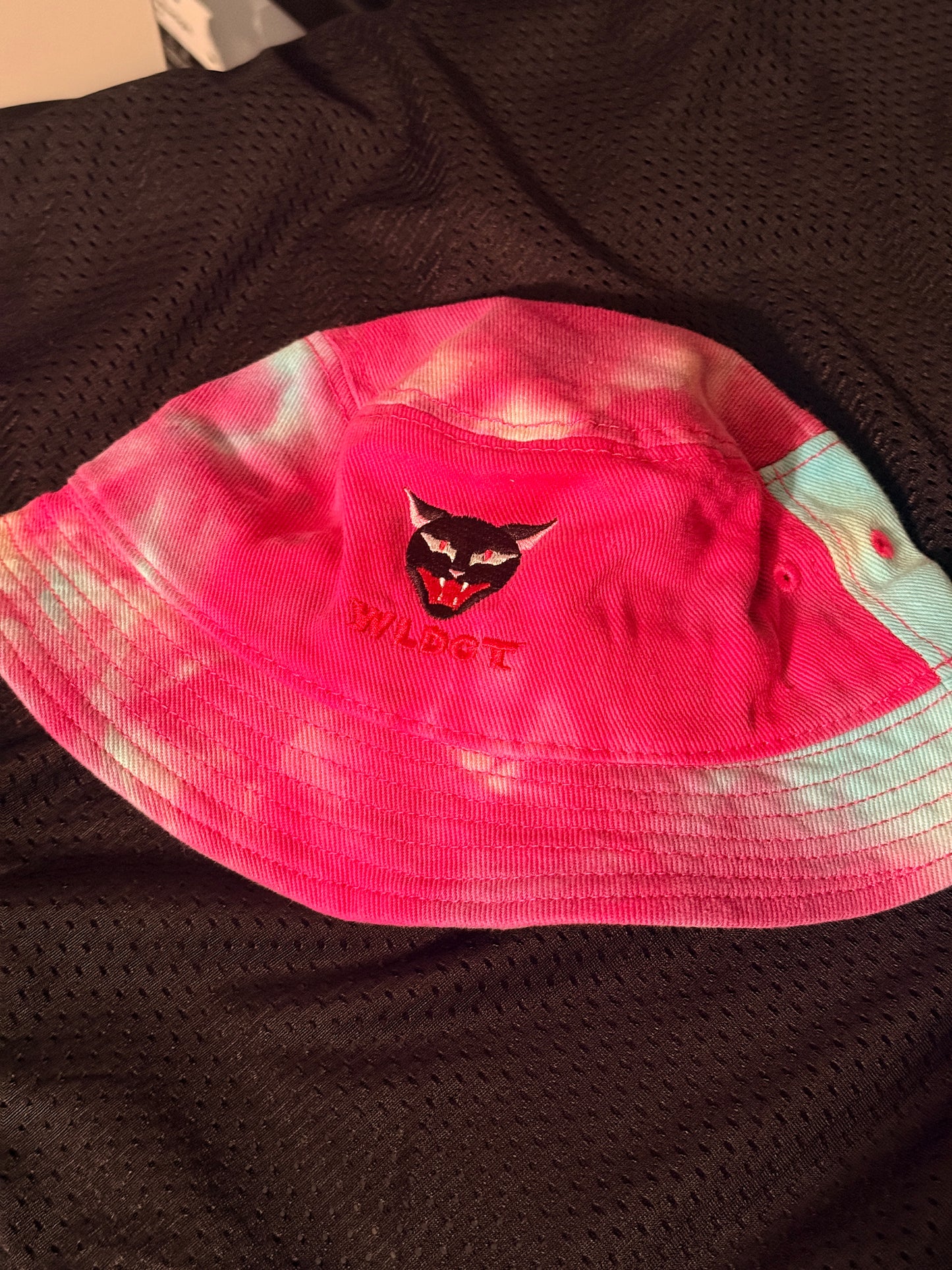 Fuschia Pink tie dye Cat Head embroidery Bucket Hat